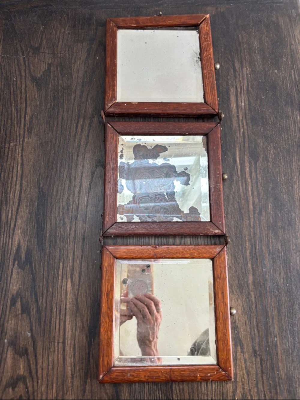 Vintage triple wood framed mirrors, beveled glass,hinges,patina,7.25x7.25” each